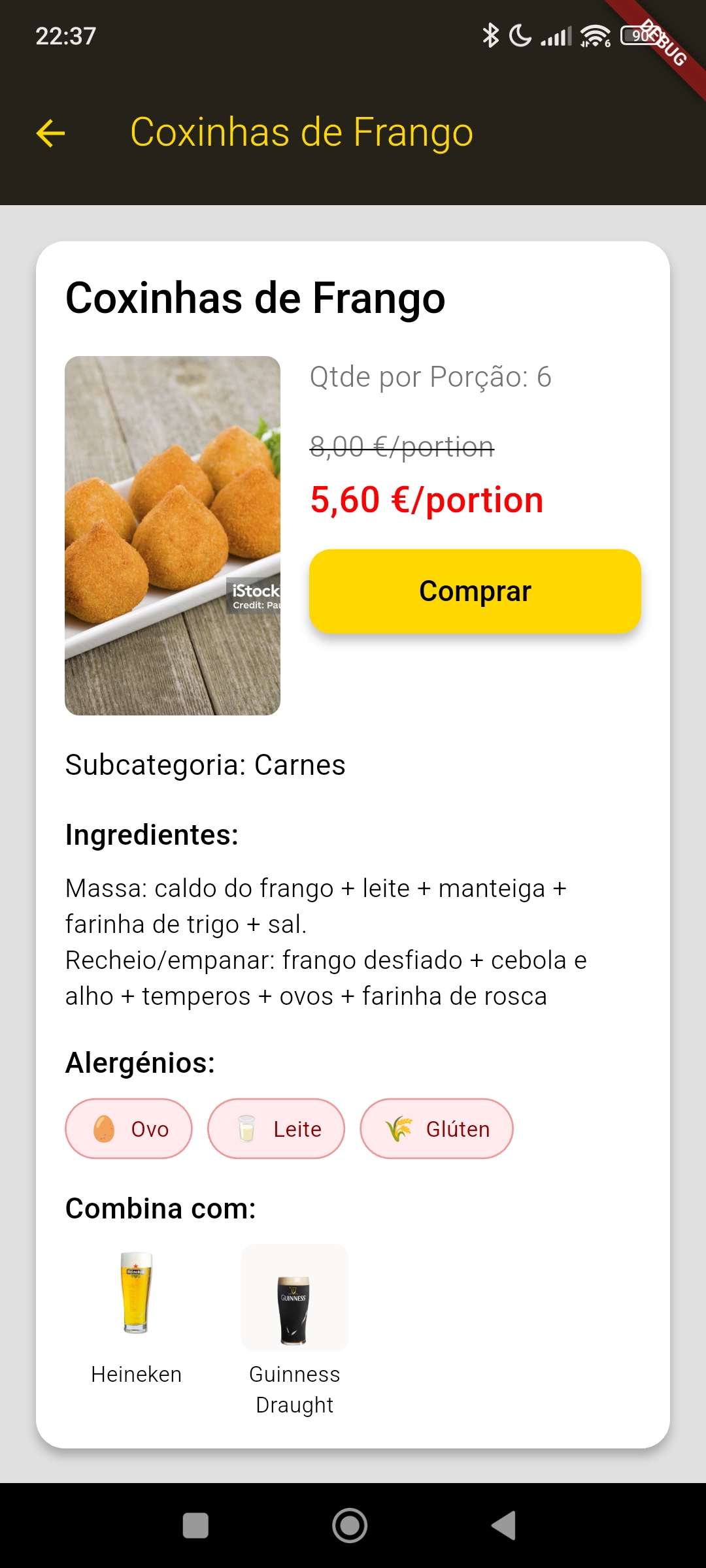 App Beats & Barrels - Detalhe do Produto Coxinhas de Frango