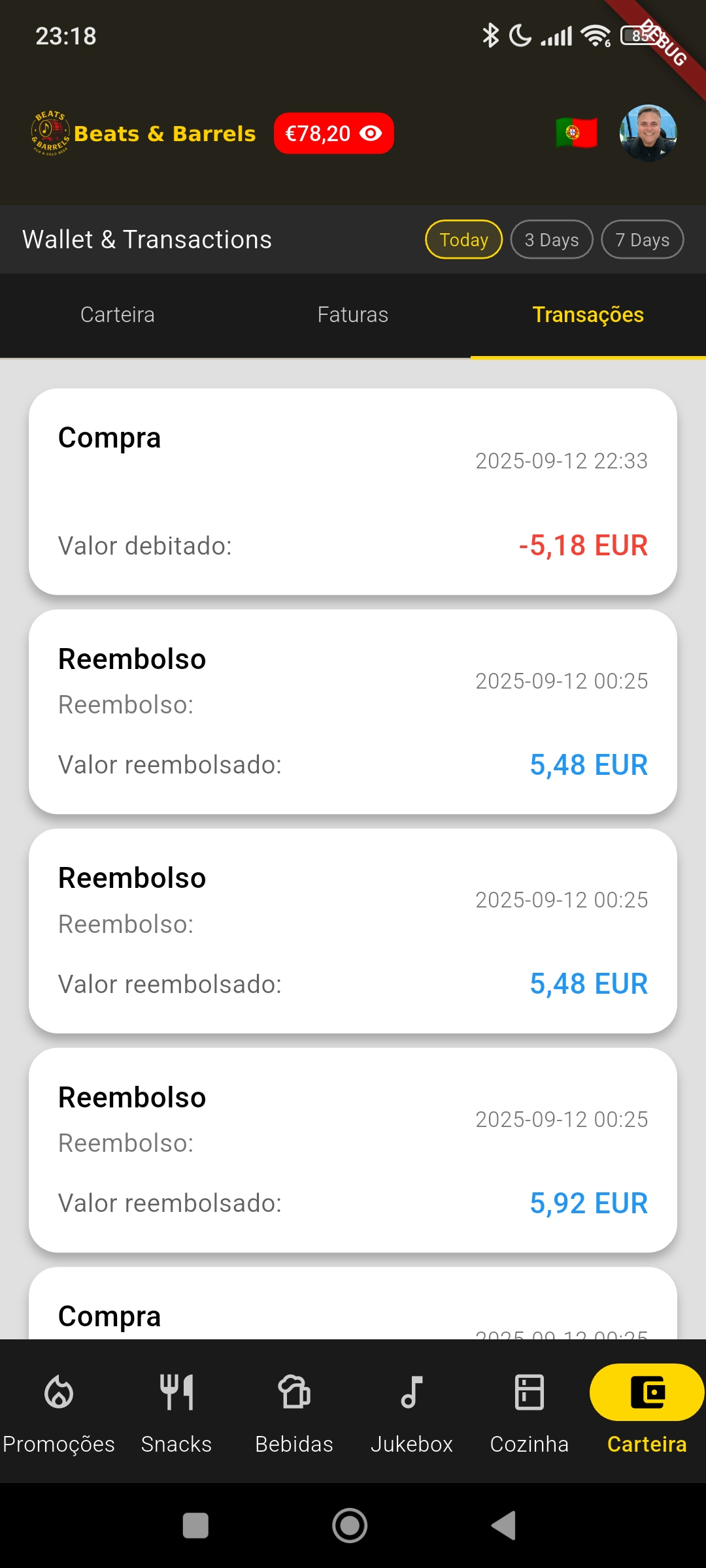 App Beats & Barrels - Histórico de Transações